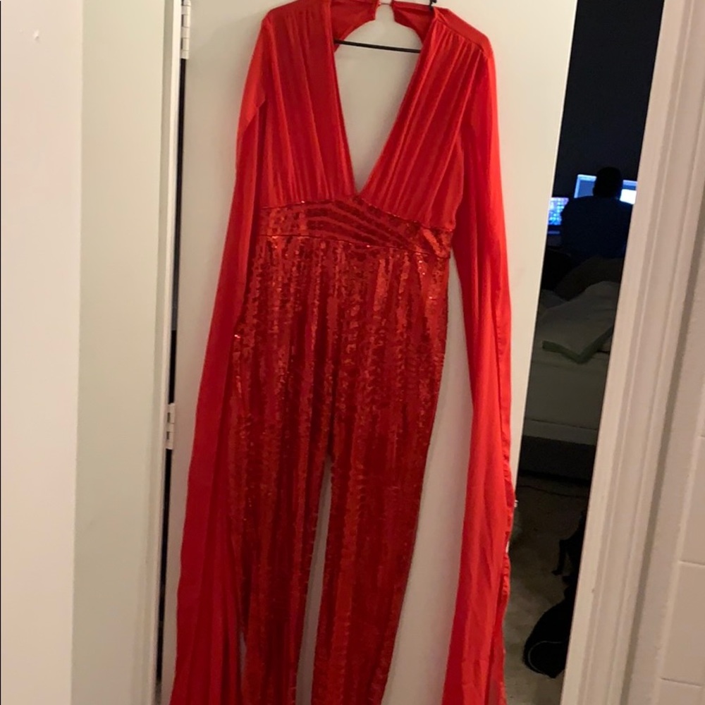 Long Red Sequins Pants Suit Over long Sleeves